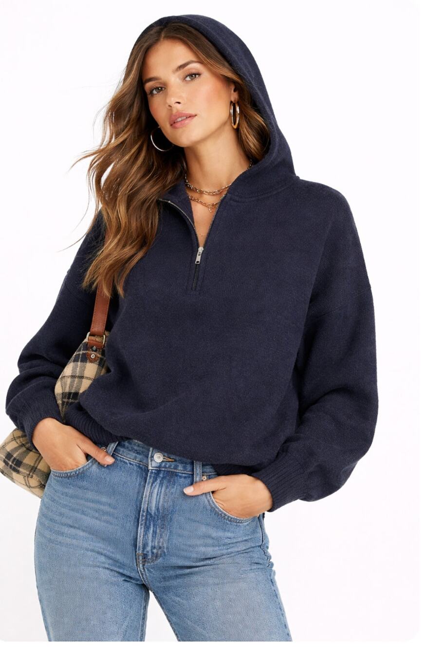 Vintage Tarazzia Womens Wool Blend Hoodie Navy 1/4 Zip Soft Retro Weekends